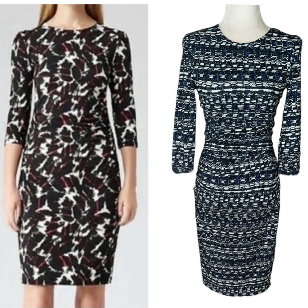 Reiss Hudson Blue & Black Geometric Ruched Knit Sheath Dress - 6